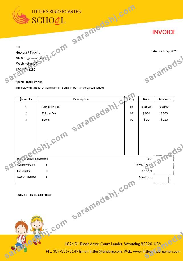 Kindergarten School Invoice Template